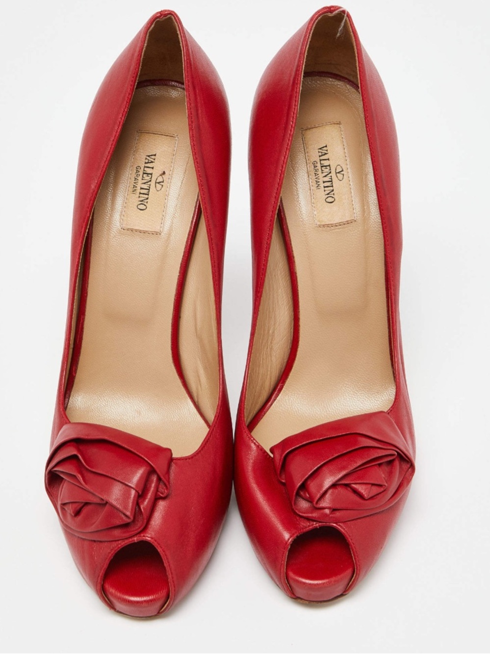 Valentino Red leather Peep-Toe Pumps with Rosette Detail